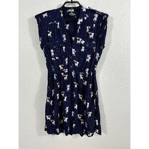 Vintage Angie Dress Womens Small Blue Cat Print Mini Short Sleeve Y2K Rayon